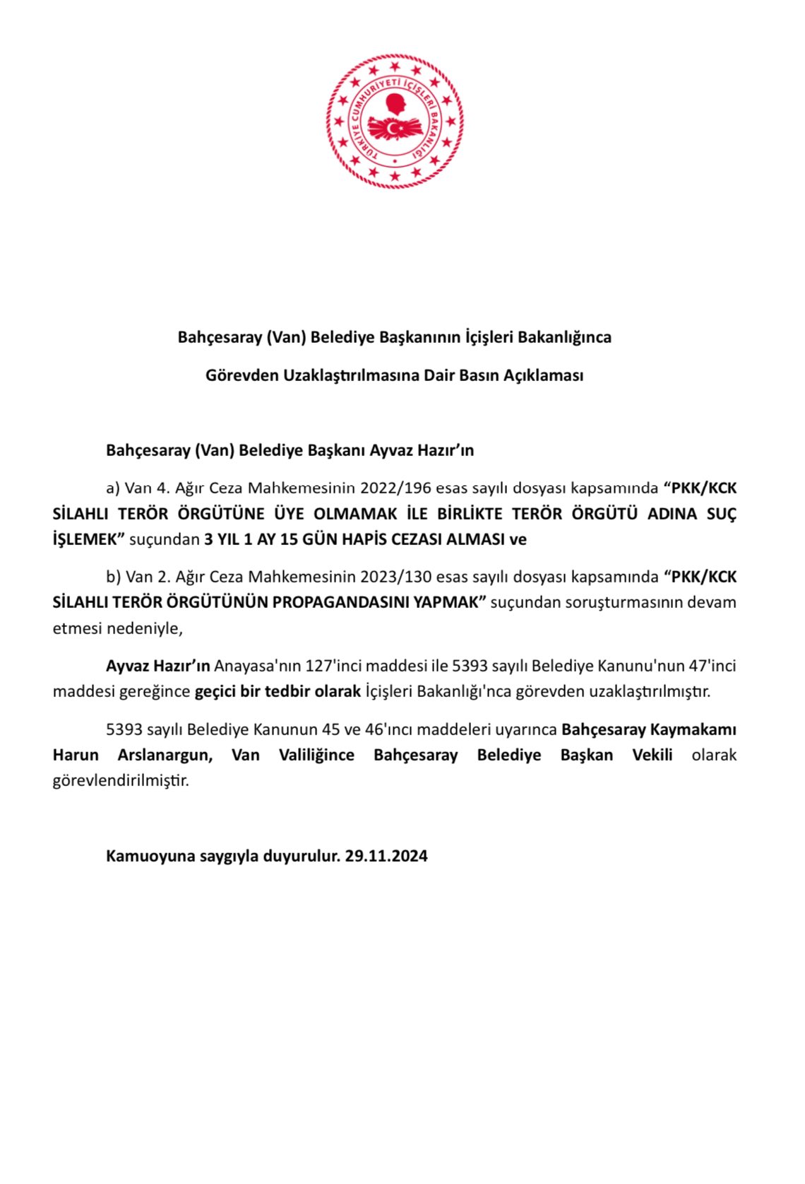 Van'da Siyasi gerginlik: Bahçesaray’a Kayyum, Şehre 10 günlük yasak