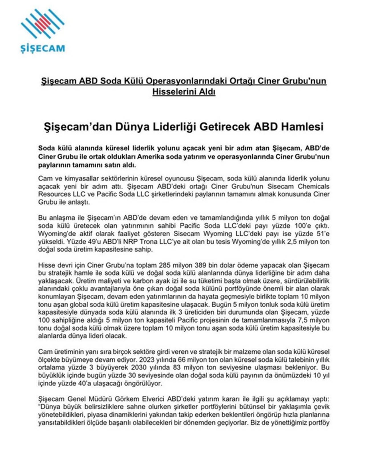 Ciner Grubu, bir dev satış daha gerçekleştirdi